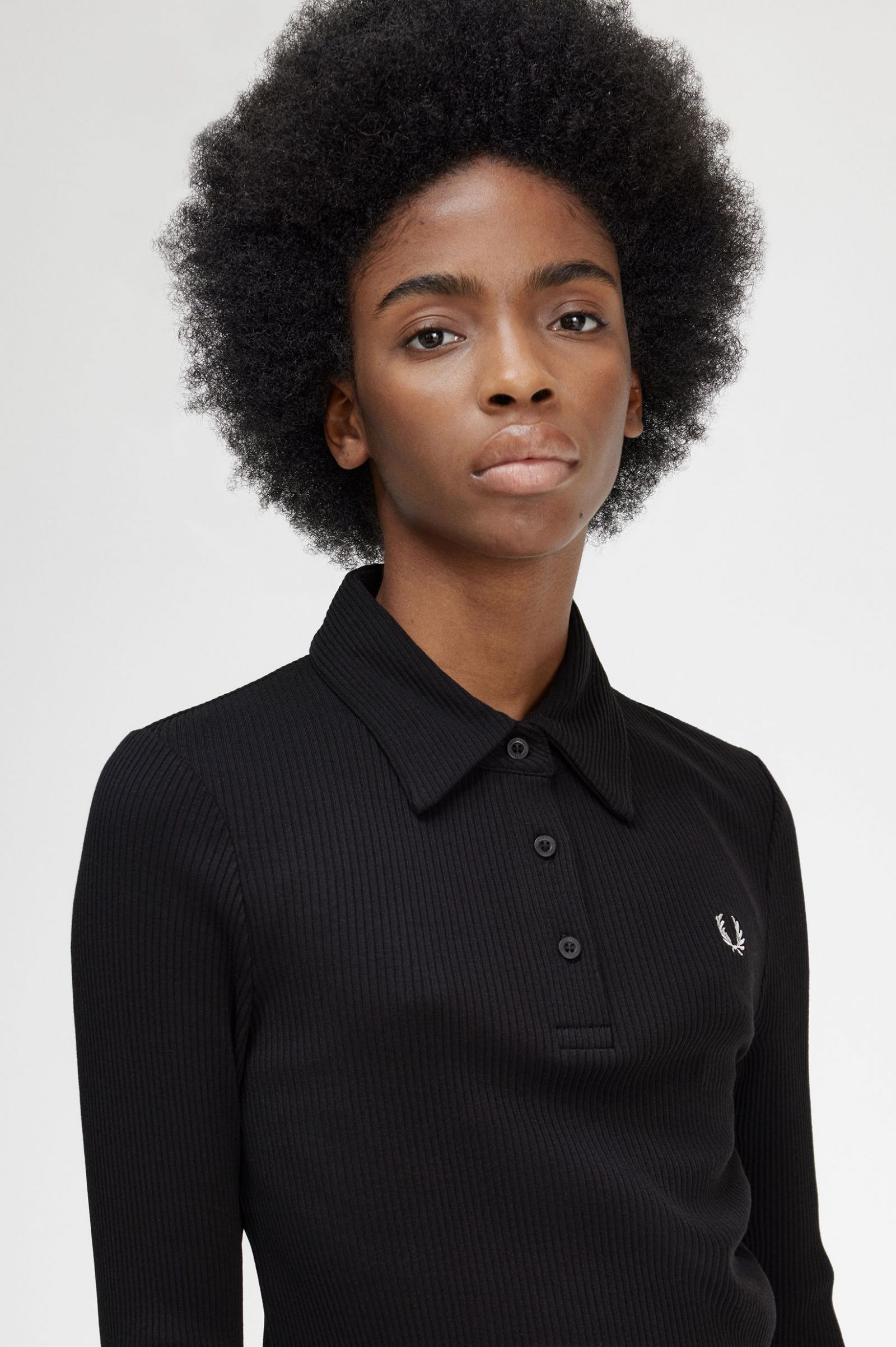 Long Sleeve Ribbed Polo Shirt Black