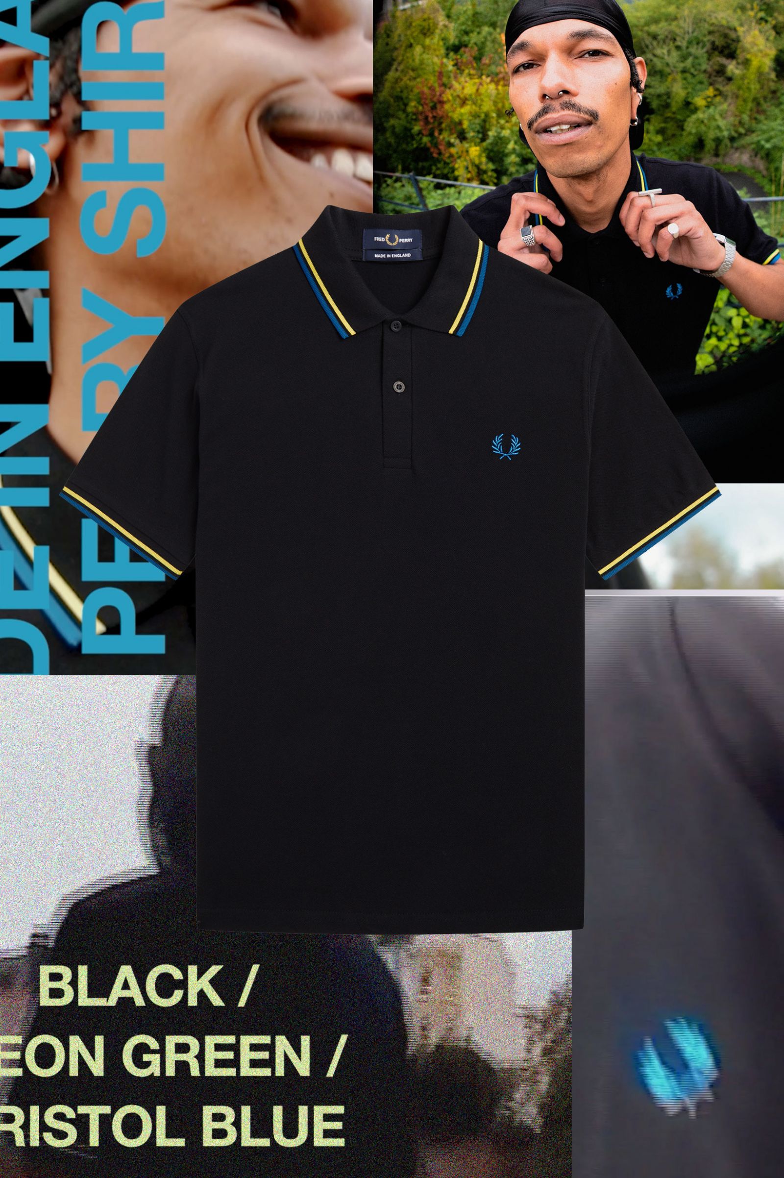 The Fred Perry ShirtM12 Black / Neon Green / Bristol Blue