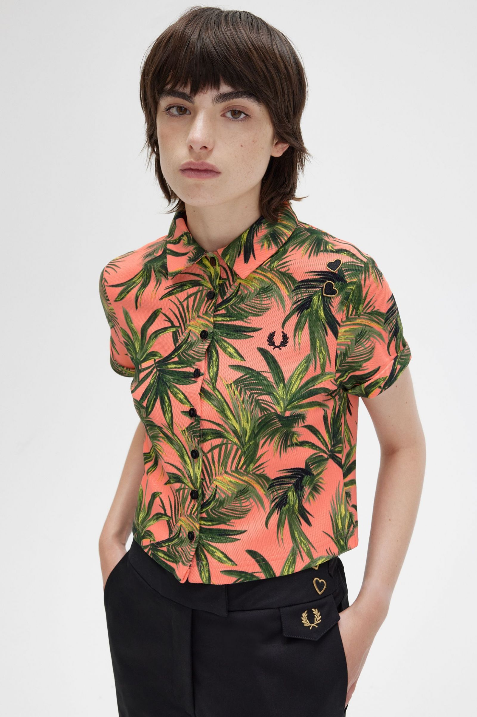 Amy Winehouse FoundationPalm Print Piqué Shirt Coral Heat