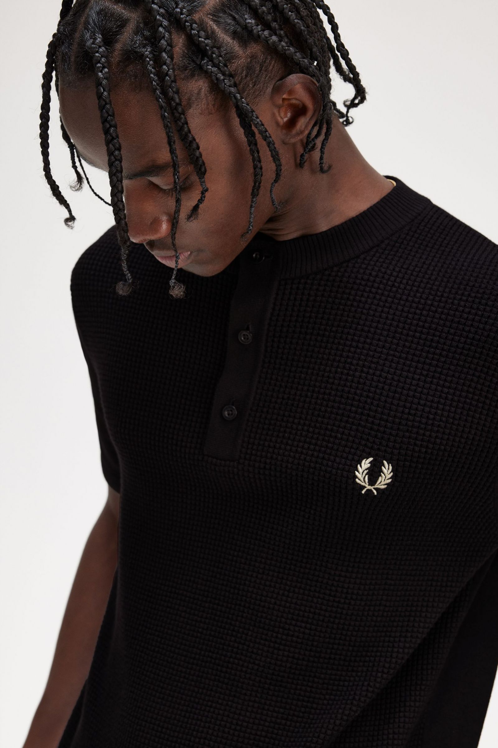 Waffle Stitch Henley Shirt Black