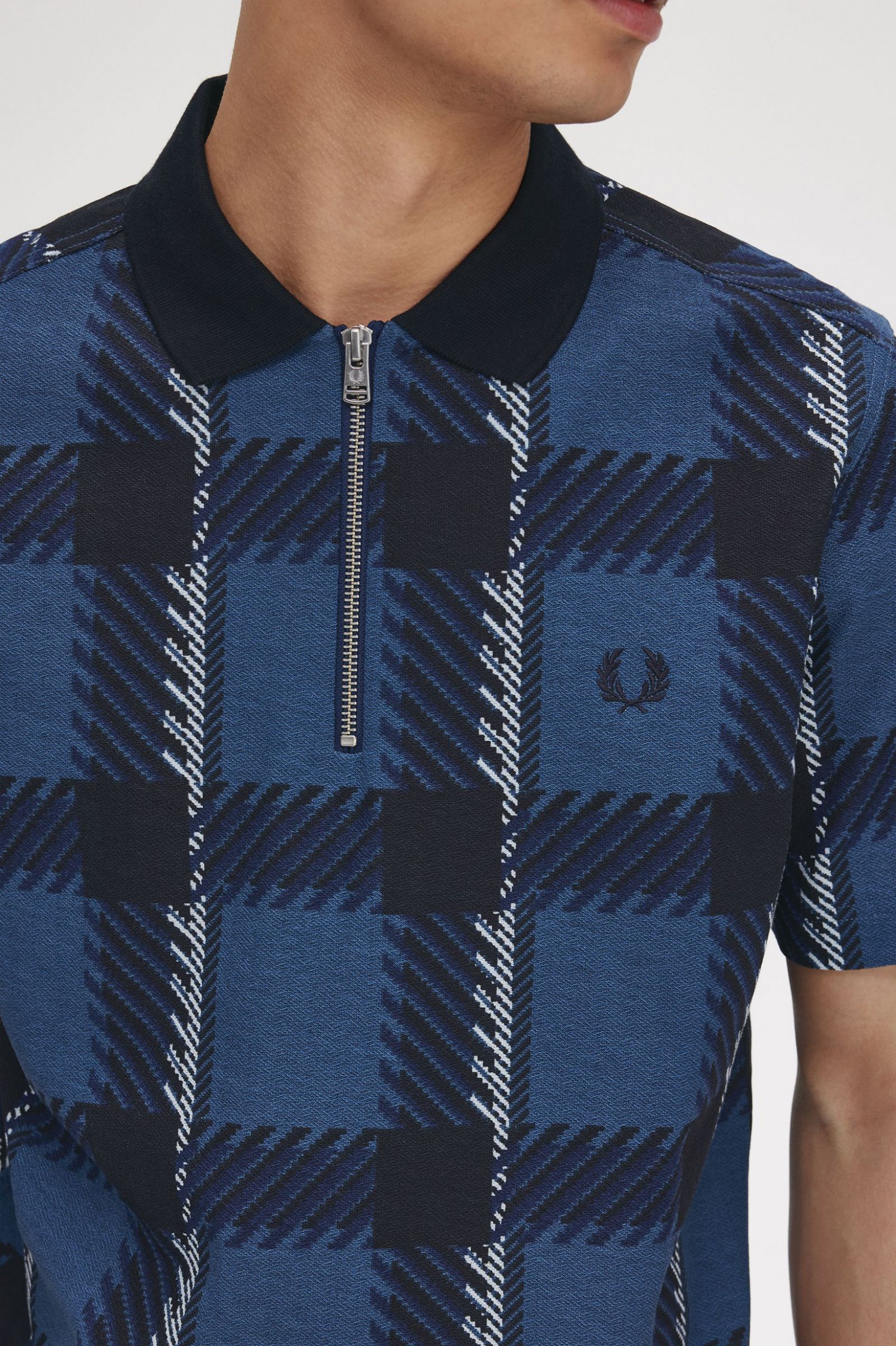 Glitch Tartan Zip Neck Polo Shirt Midnight Blue