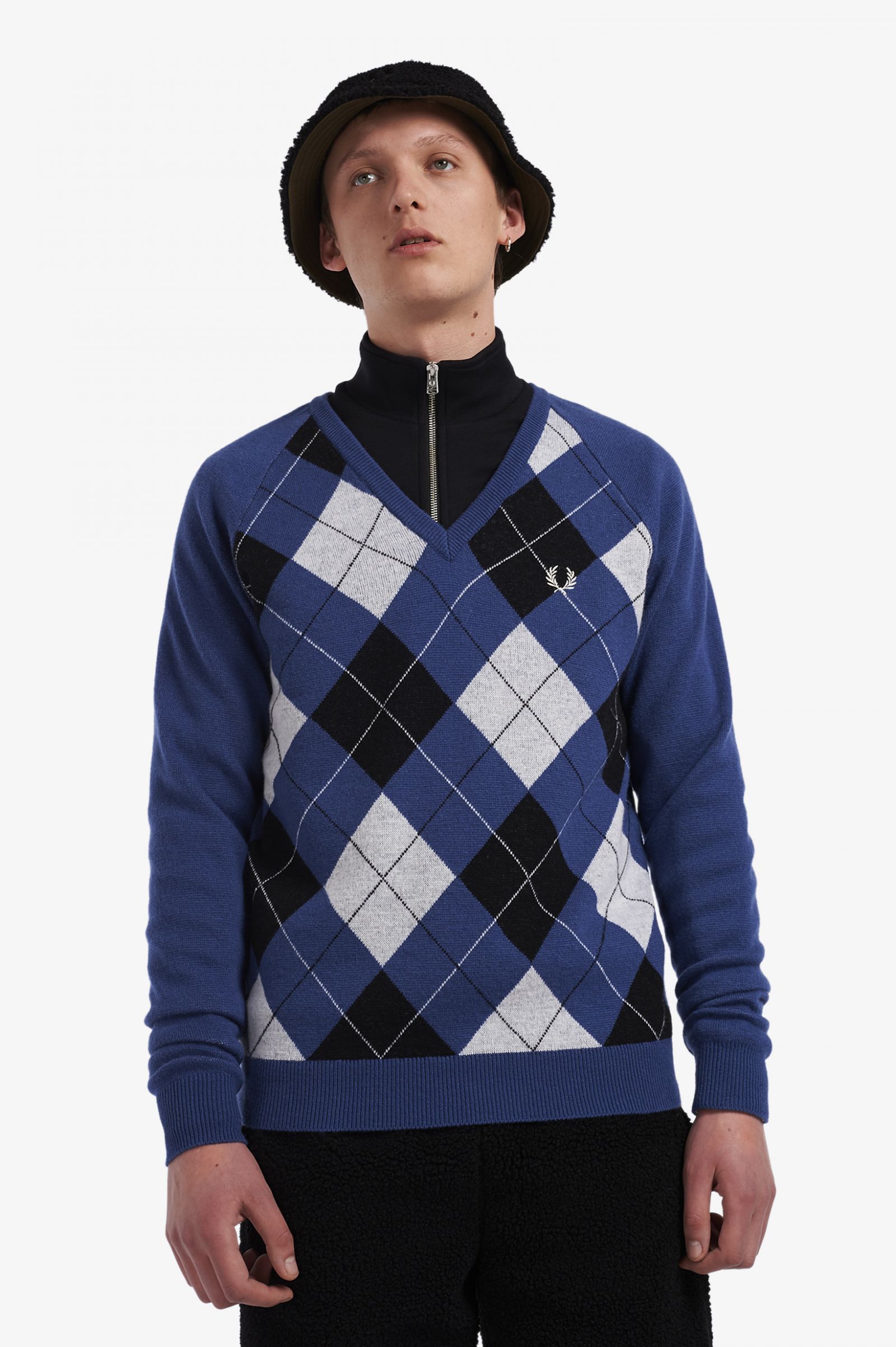 ReissuesLambswool Argyle V-Neck Jumper Cobalt