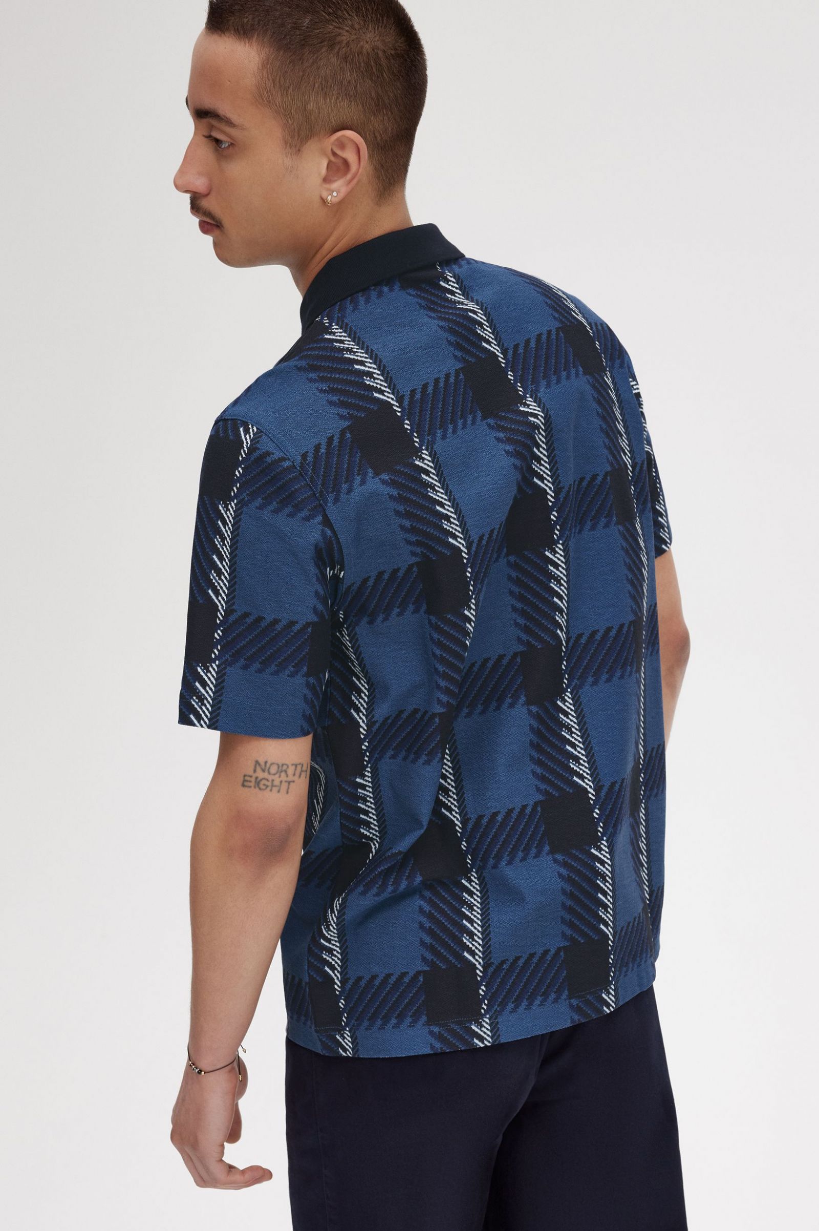 Glitch Tartan Zip Neck Polo Shirt Midnight Blue