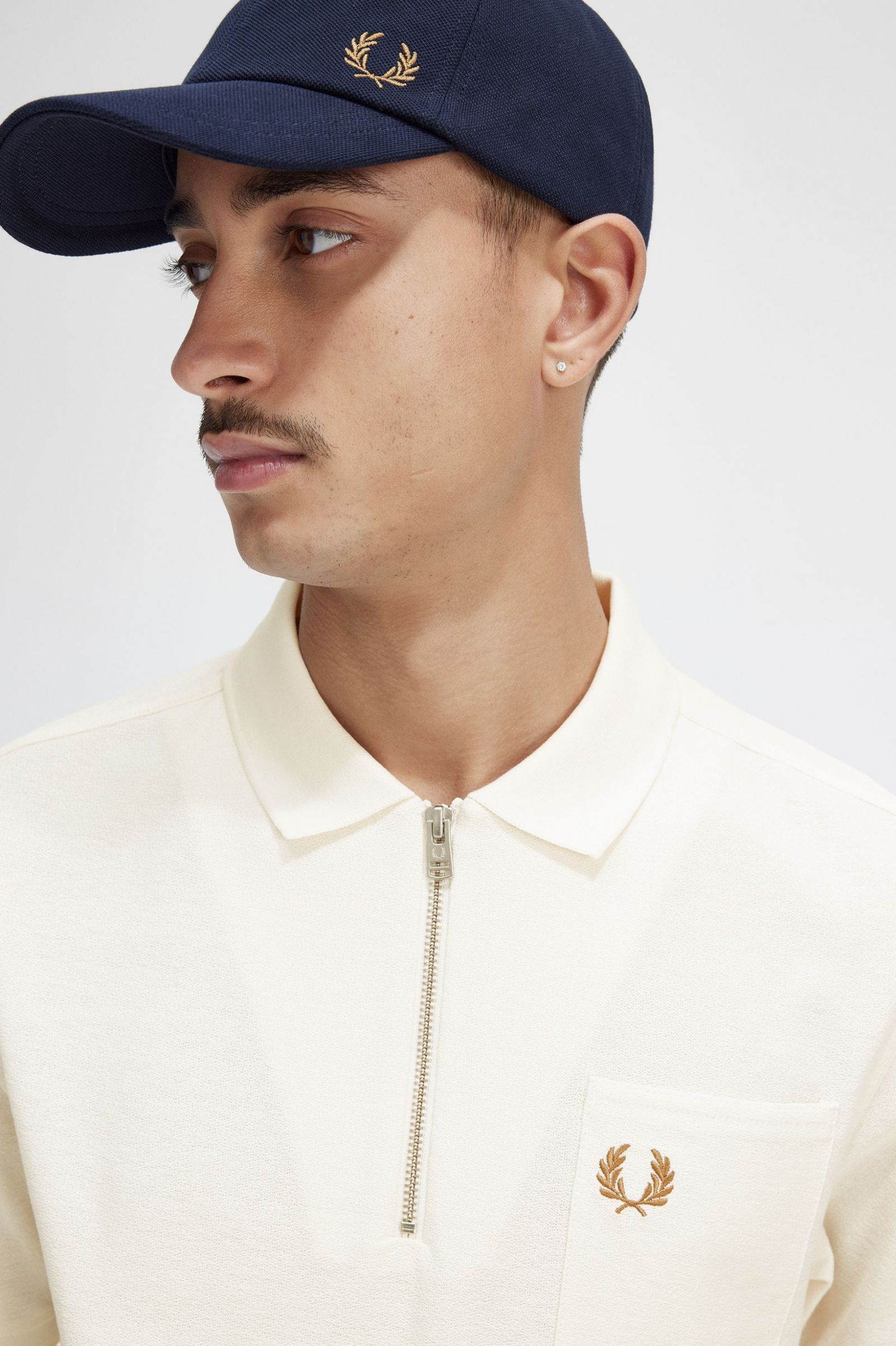 Textured Zip Neck Polo Shirt Ecru