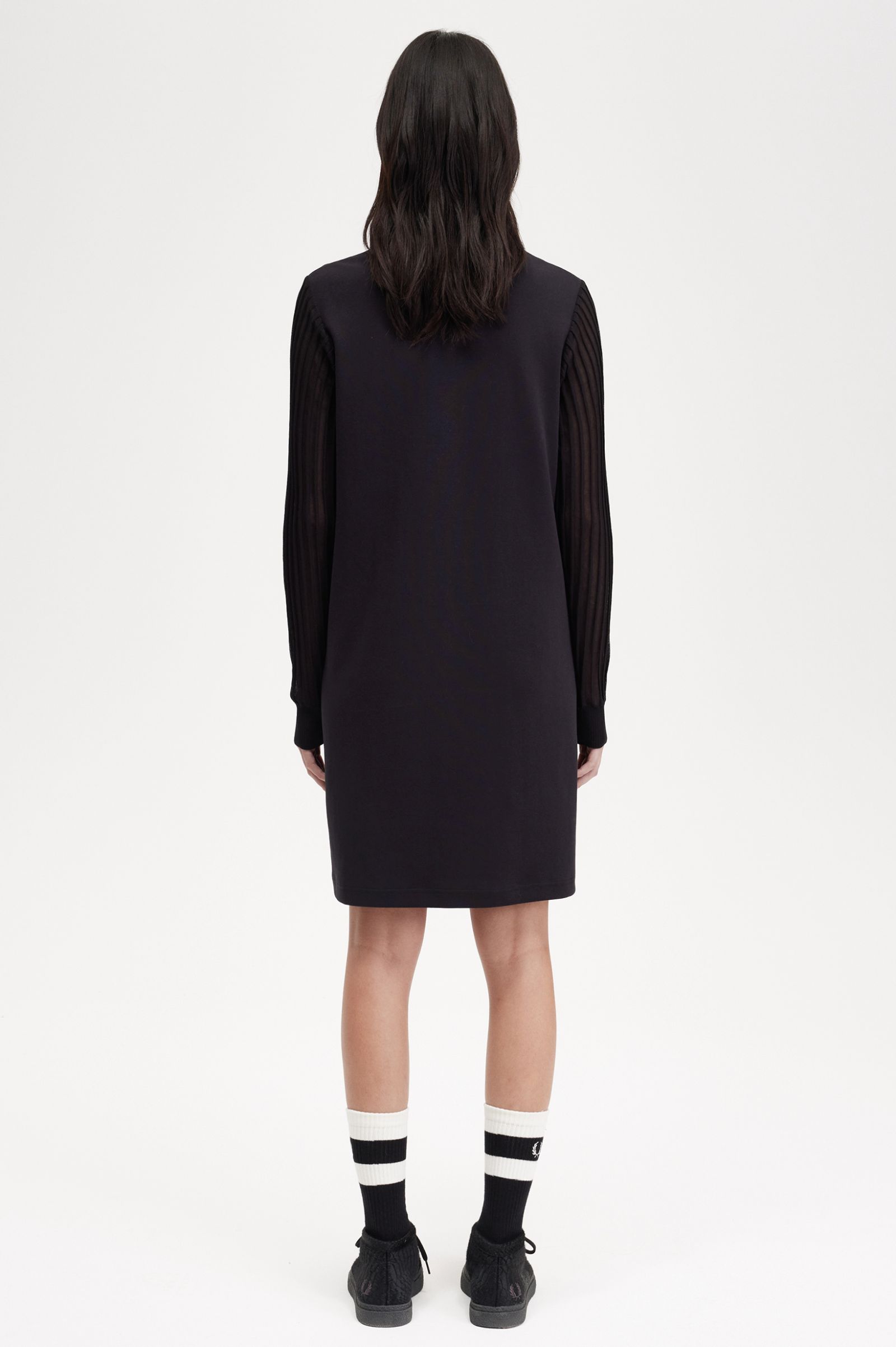 Sheer Sleeve Mock Neck Dress Black