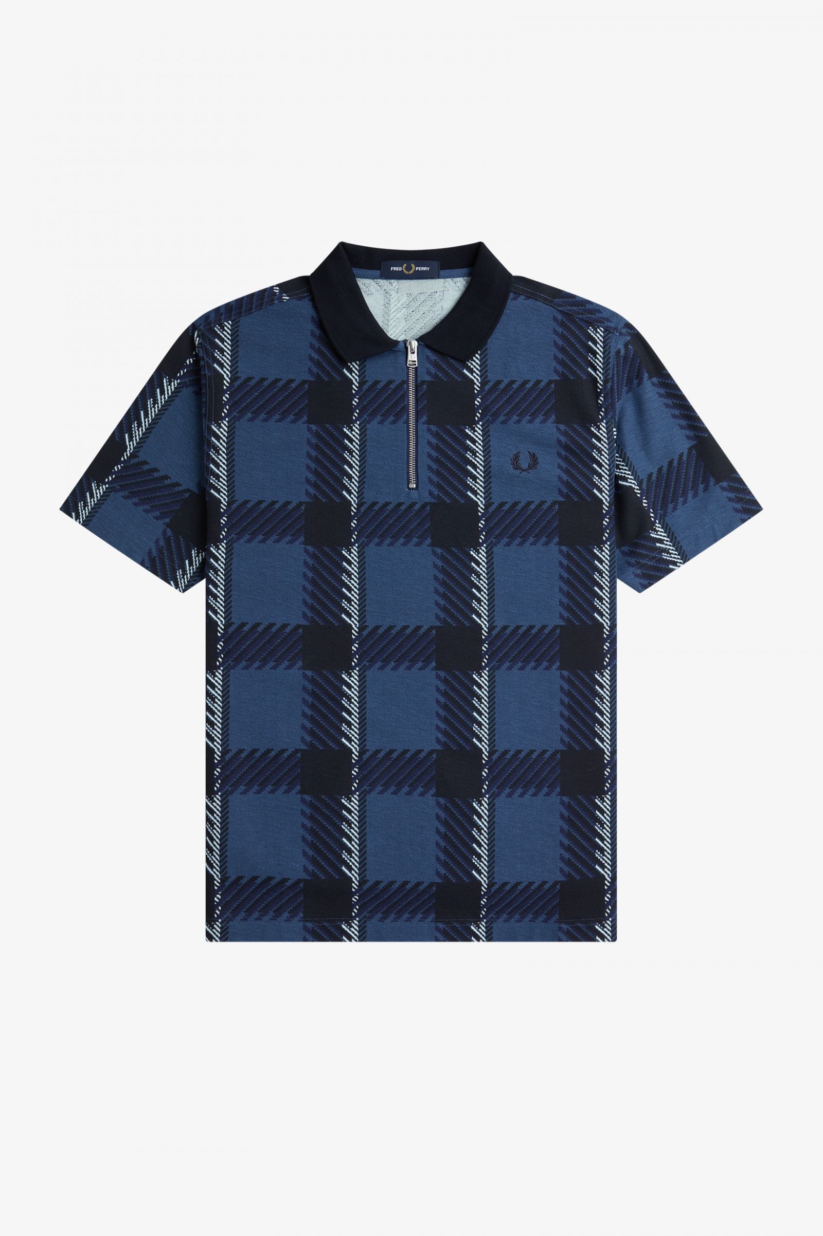 Glitch Tartan Zip Neck Polo Shirt Midnight Blue