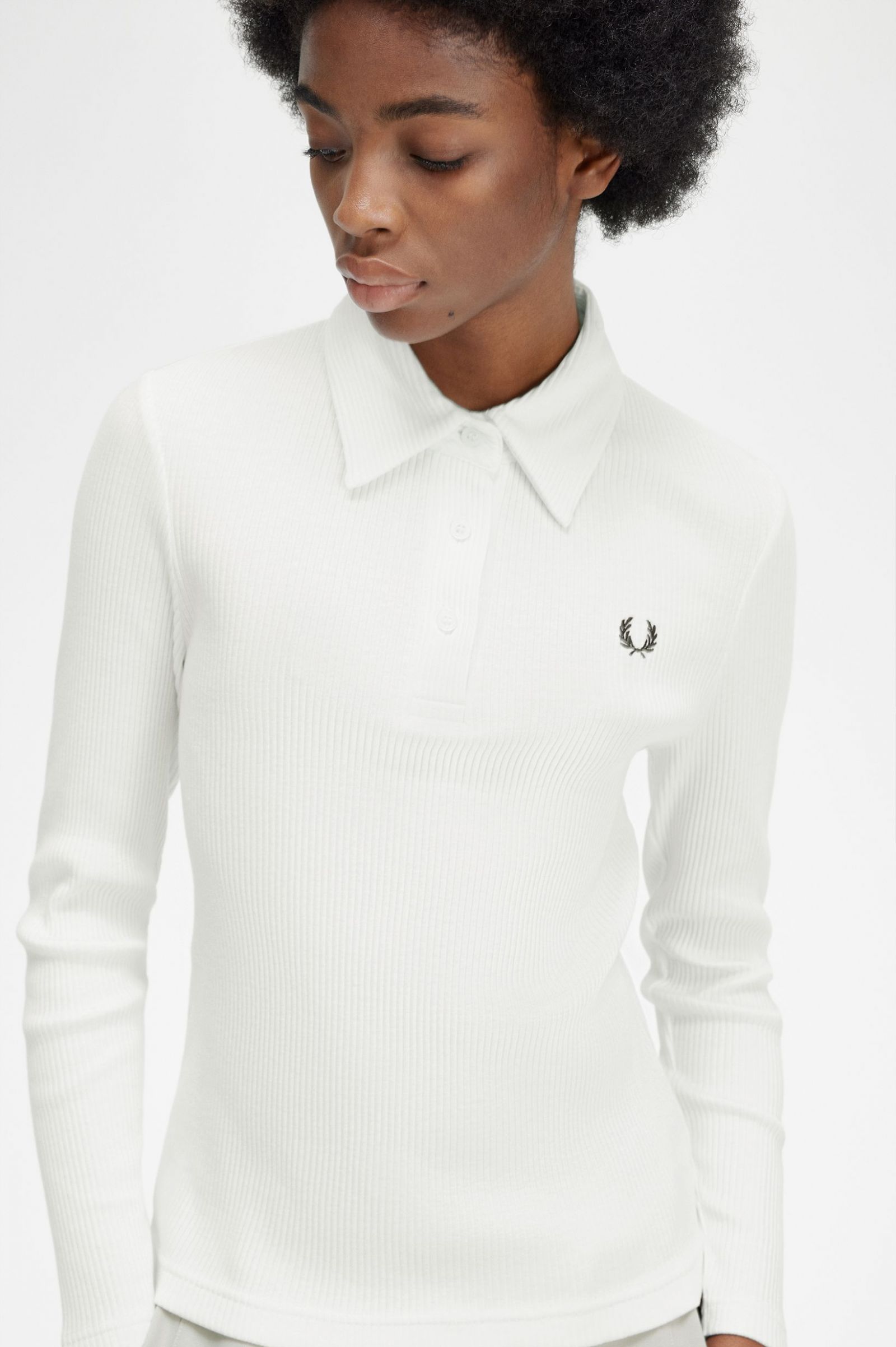 Long Sleeve Ribbed Polo Shirt Snow White