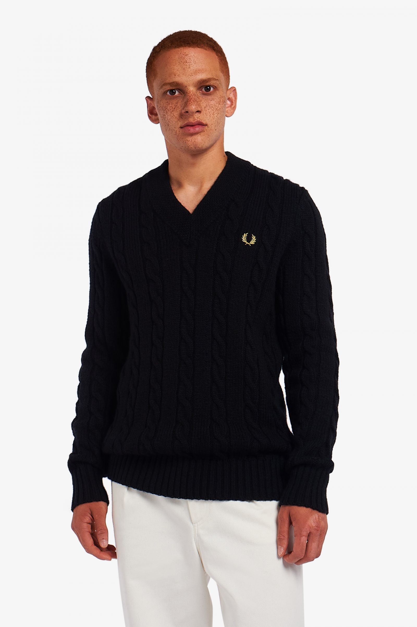 Made In EnglandCable Knit V Neck Jumper Black