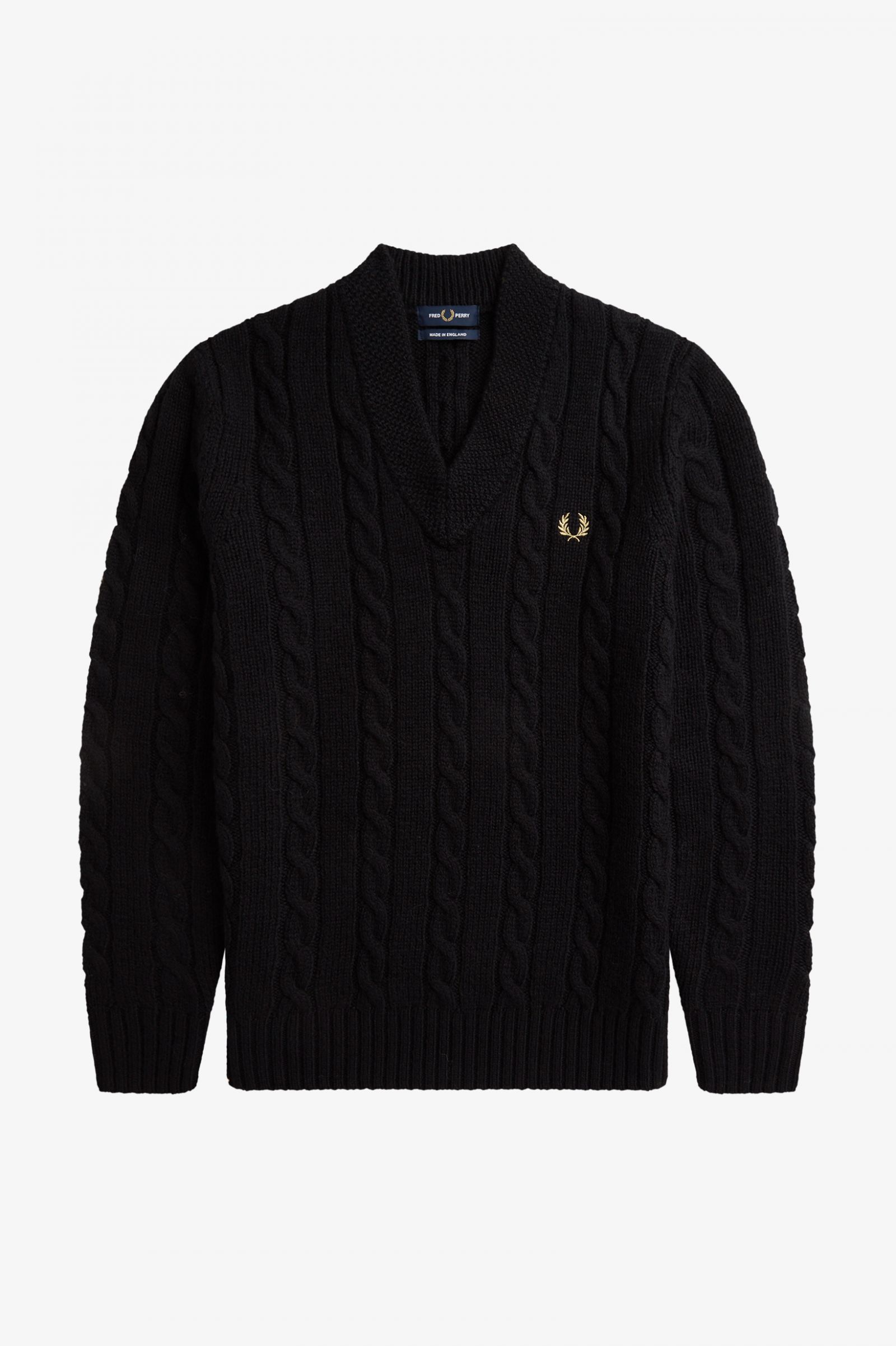 Made In EnglandCable Knit V Neck Jumper Black