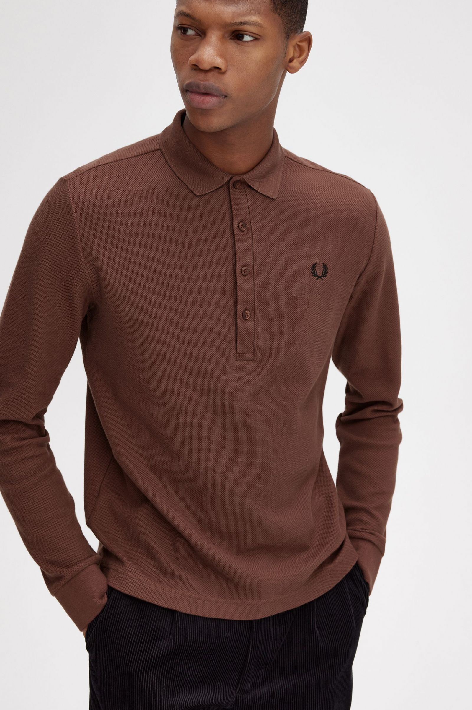 Honeycomb Cotton Long Sleeve Polo Shirt Whisky Brown