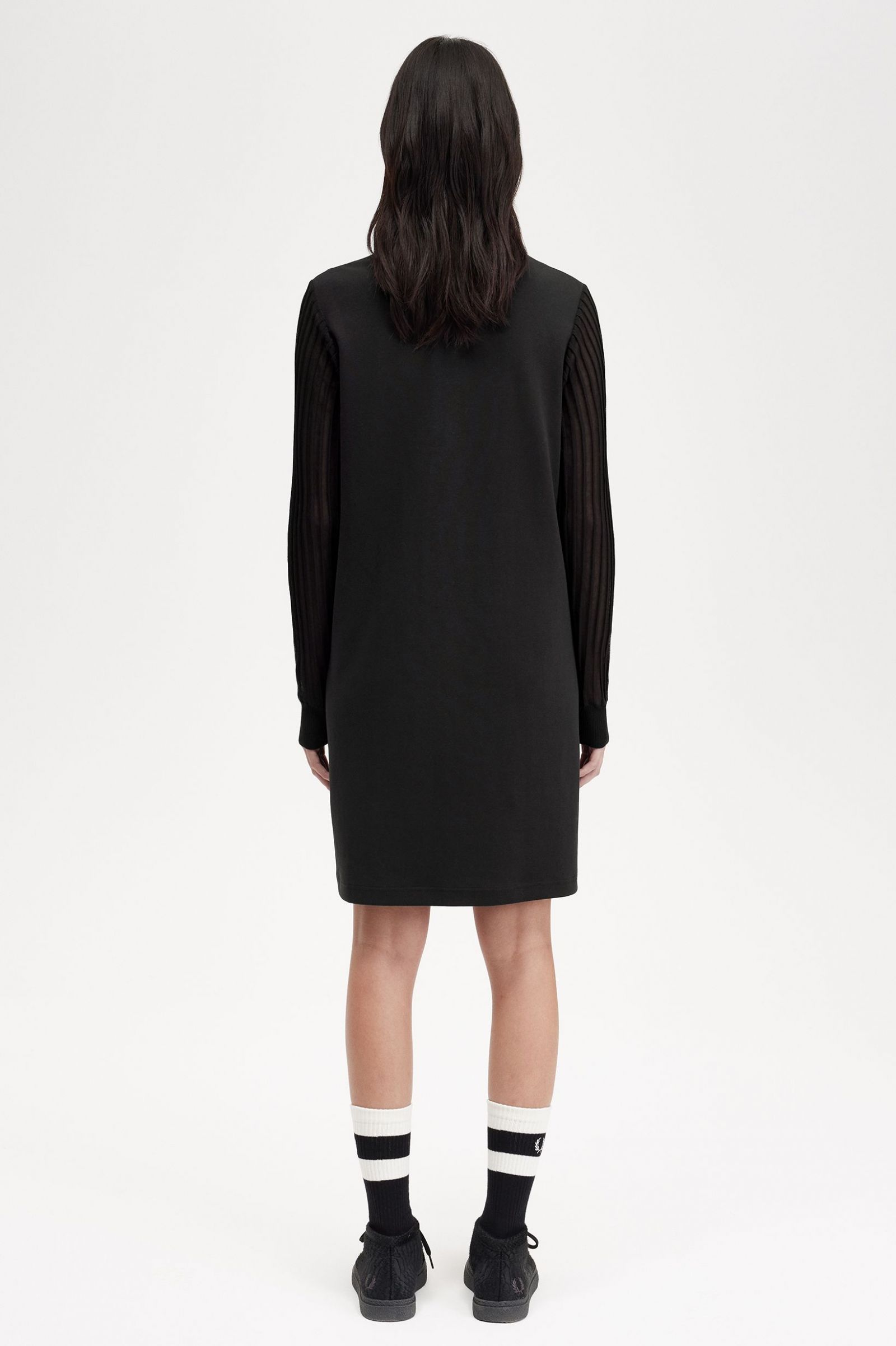 Sheer Sleeve Mock Neck Dress Black