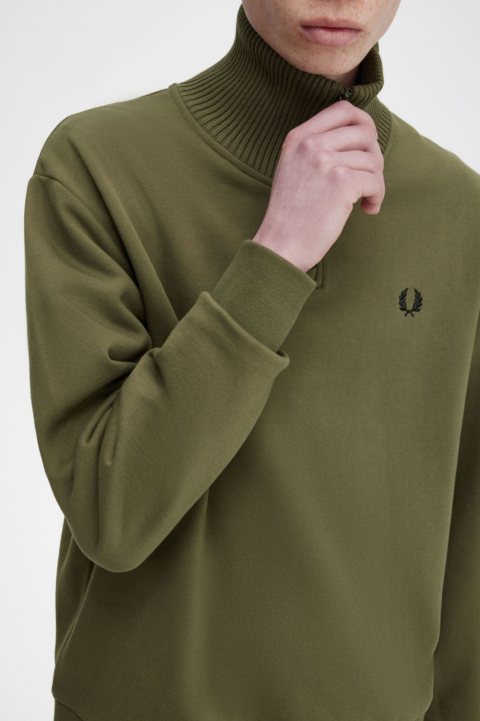 Knitted Trim Zip Neck Sweatshirt Uniform Green