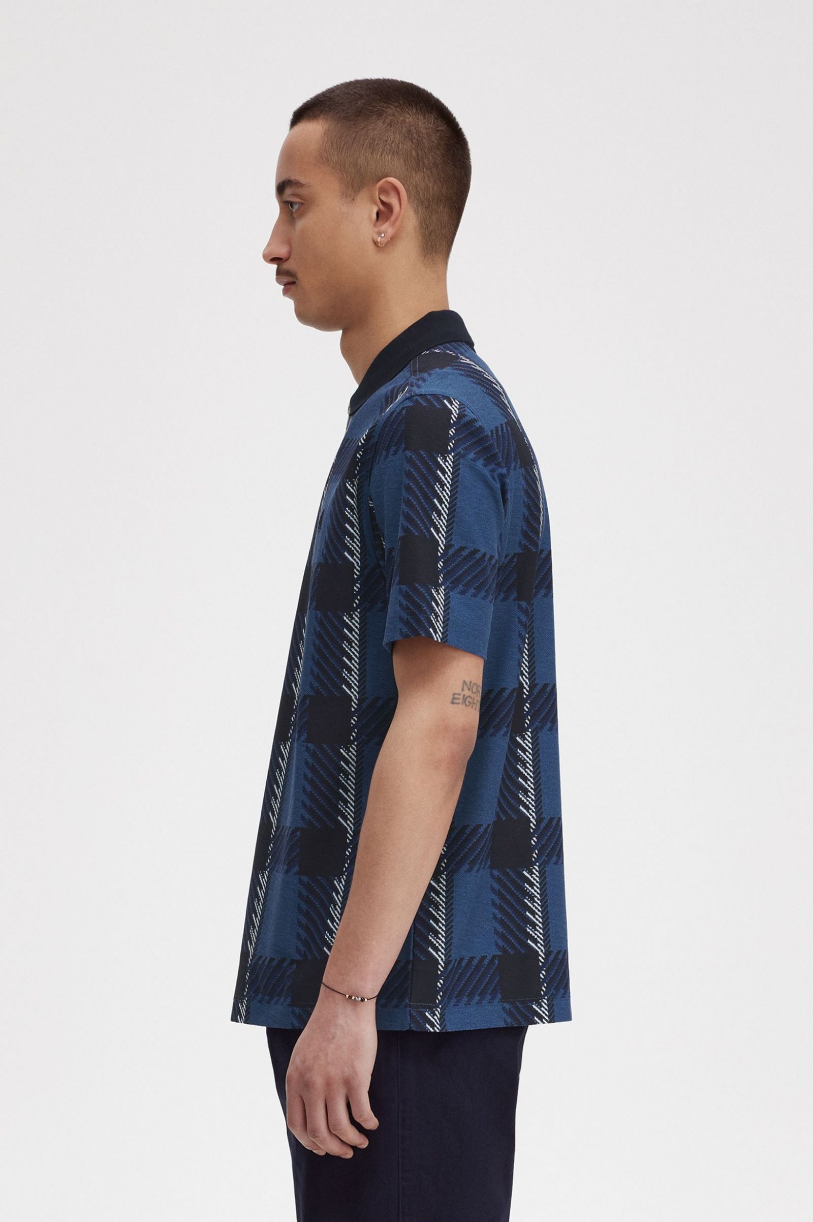 Glitch Tartan Zip Neck Polo Shirt Midnight Blue