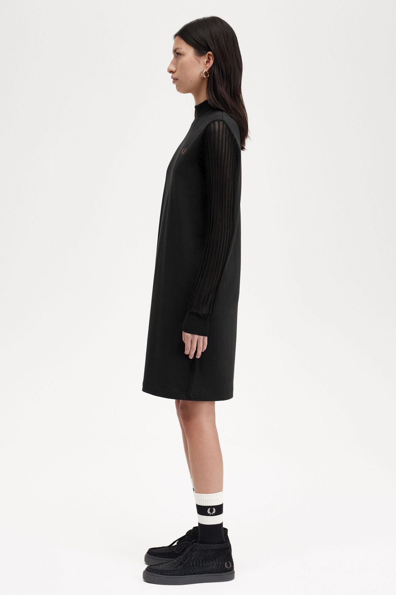 Sheer Sleeve Mock Neck Dress Black