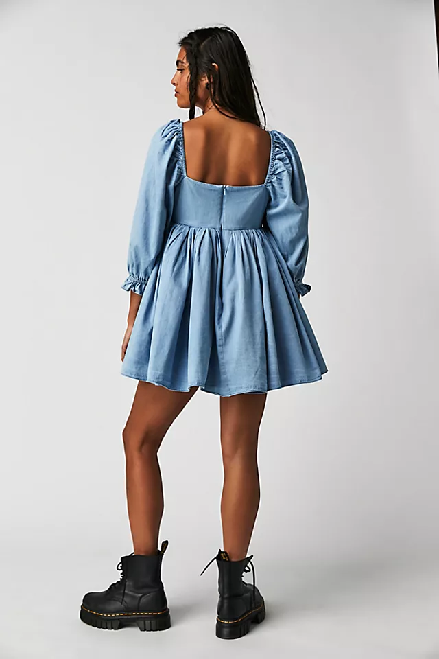 Selkie Denim Puff Mini Dress Bleached