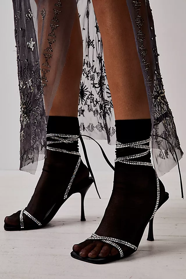Night Shimmers Wrap Heels Black Satin Silver