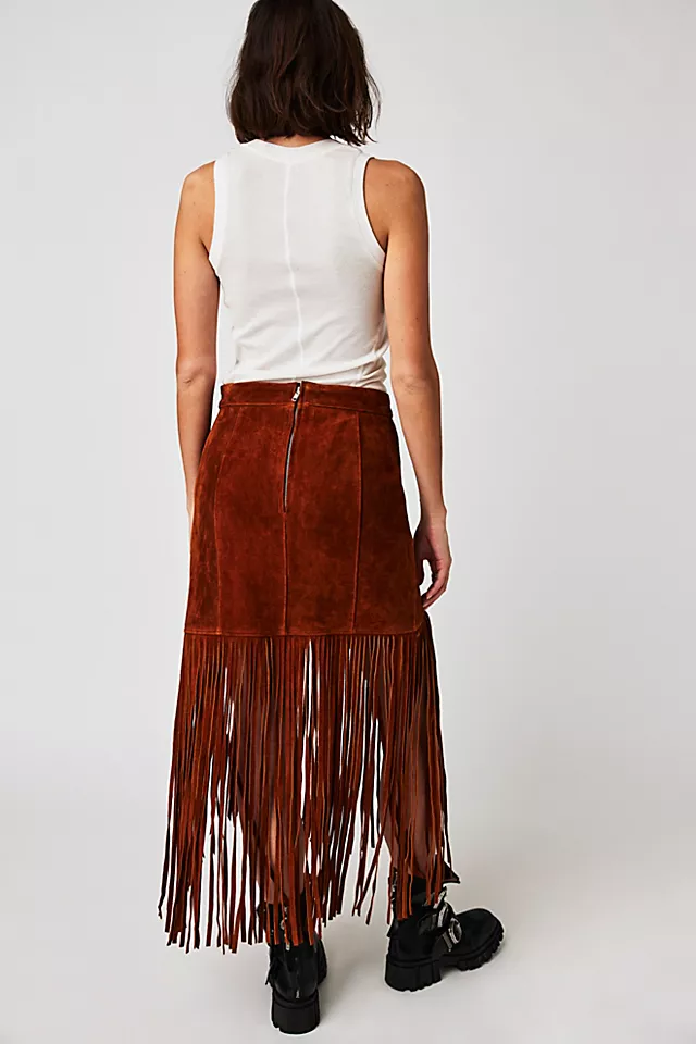 Understated Leather Western Fringe Skirt Tan
