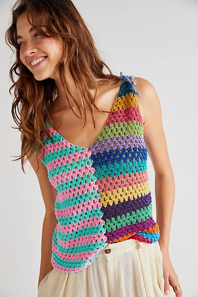 Rose Carmine Tank Top Stripe Pink Teal Multi