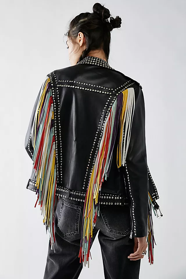 Geovana Leather Fringe Jacket Black