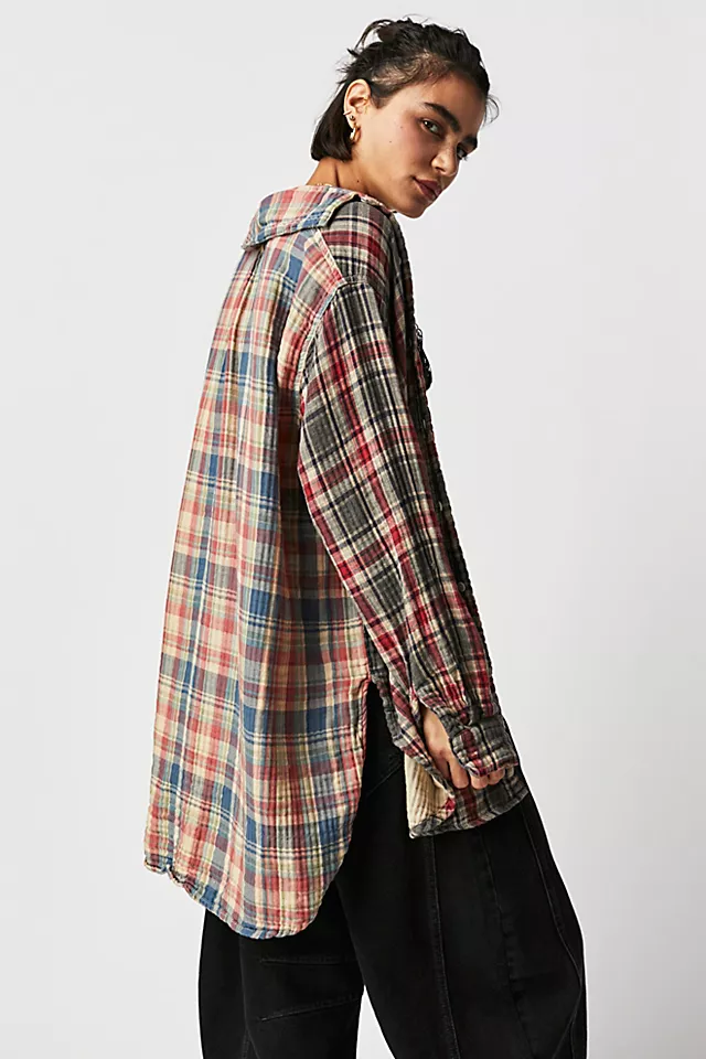 CP Shades Mixed Plaid Double Cloth Top Almond