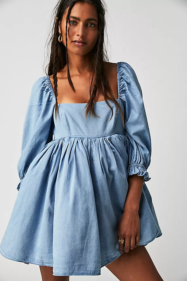 Selkie Denim Puff Mini Dress Bleached