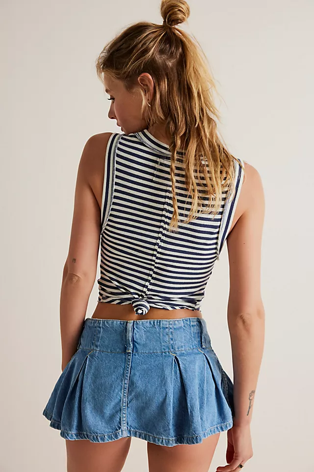 Pleated Micro Mini Denim Skort Ocean Blue