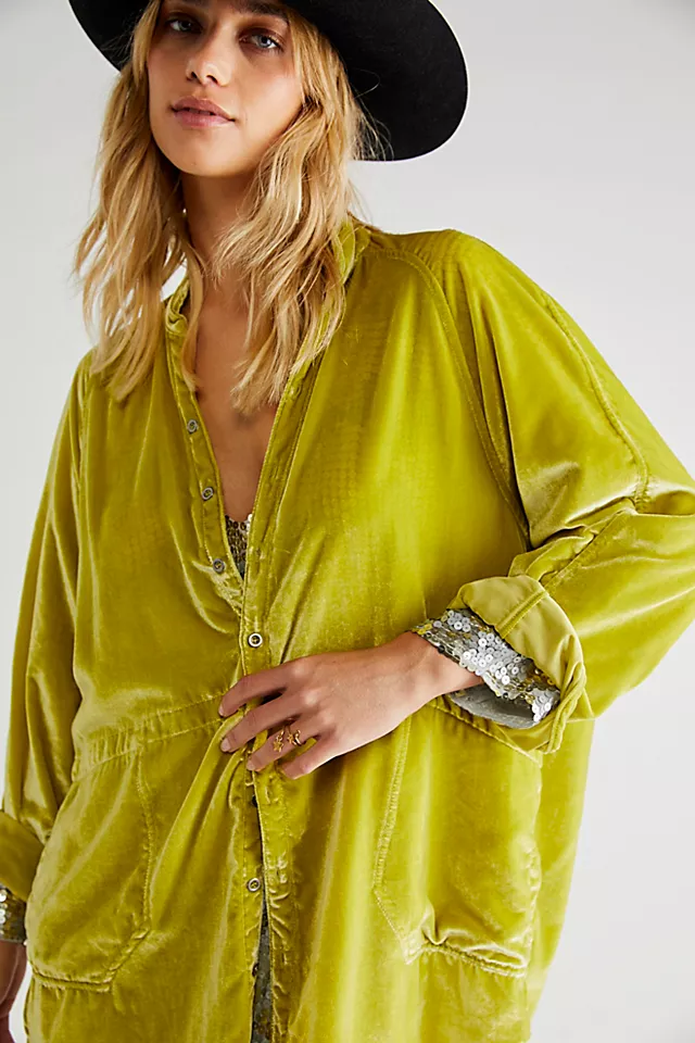 We The Free Summer Daydream Velvet Buttondown Fennel Seed