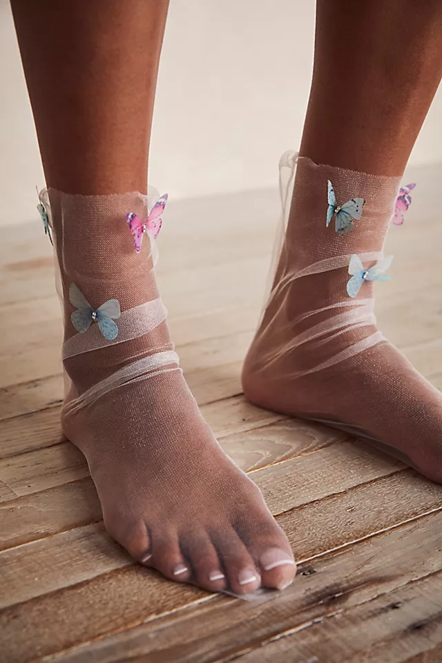 Butterfly Diamond Tulle Socks White