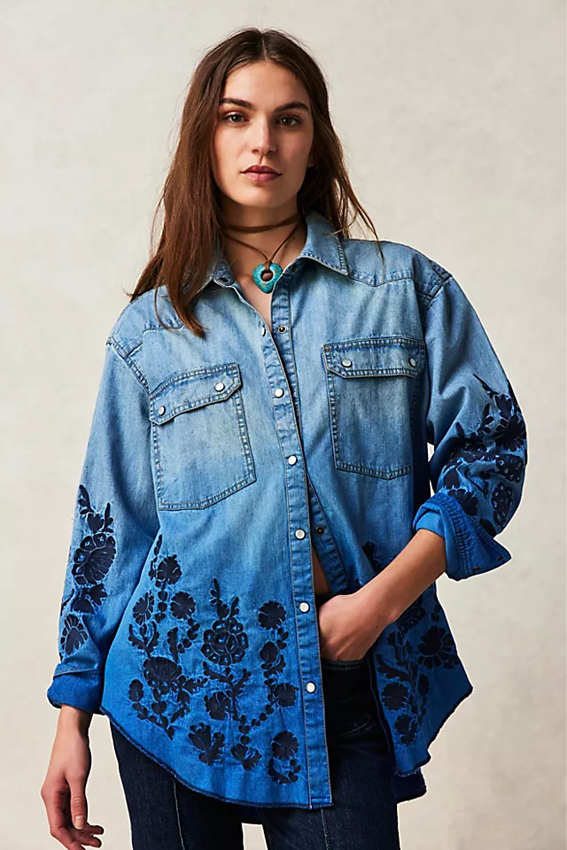 Deep Sea Embroidered Shirt Ombre Wash