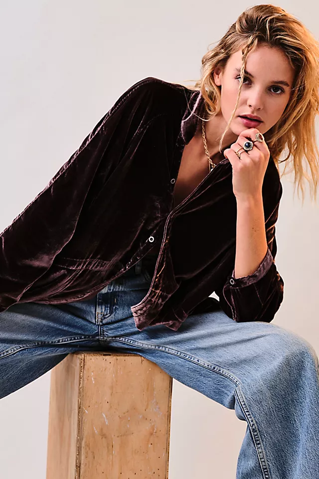 We The Free Summer Daydream Velvet Buttondown Black Raisin