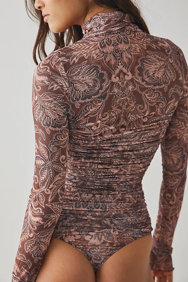 Under It All Printed Mesh Bodysuit Rust Combo