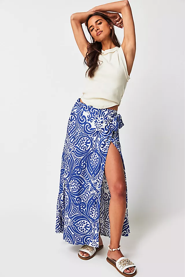 Shona Joy Pombeline Bias Wrap Maxi Skirt Ivory / Deep Blue