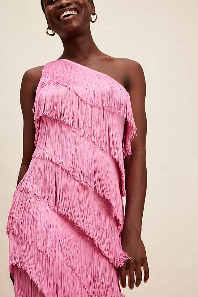 Norma Kamali One Shoulder Fringe Dress Candy Pink