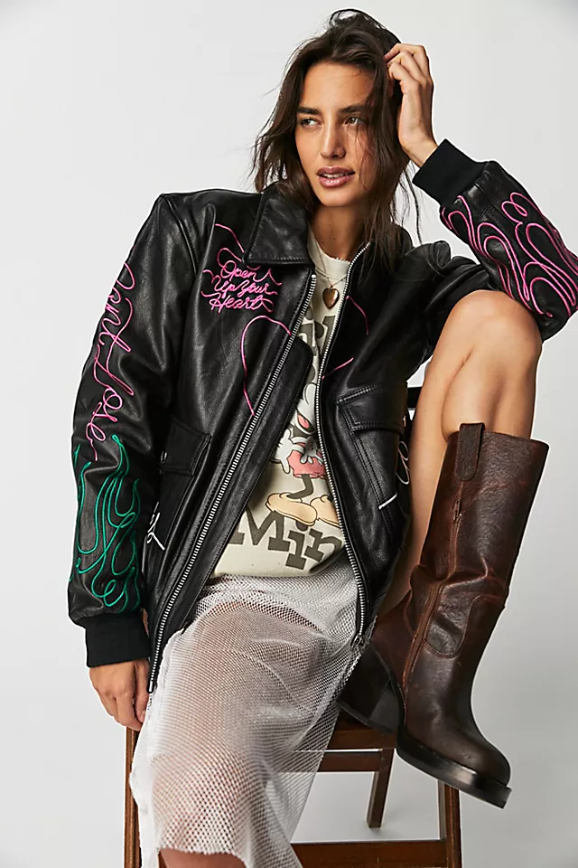 Understated Leather Boyfriend Heart Bomber Black