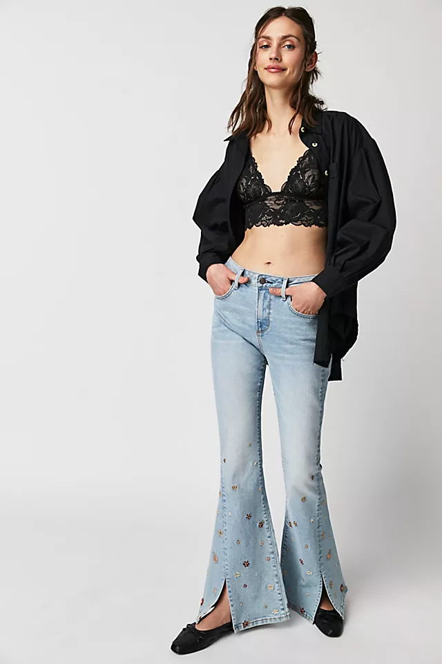 Driftwood Farrah Embroidered Slit Flare Jeans Tweedle Dum