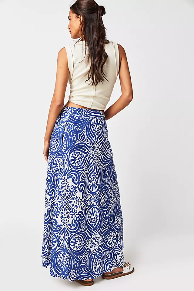 Shona Joy Pombeline Bias Wrap Maxi Skirt Ivory / Deep Blue
