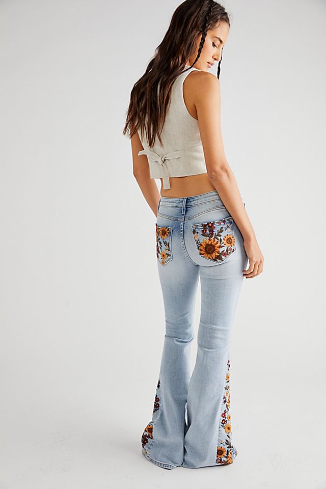Driftwood Farrah Embroidered Flare Jeans Falling Sunflower