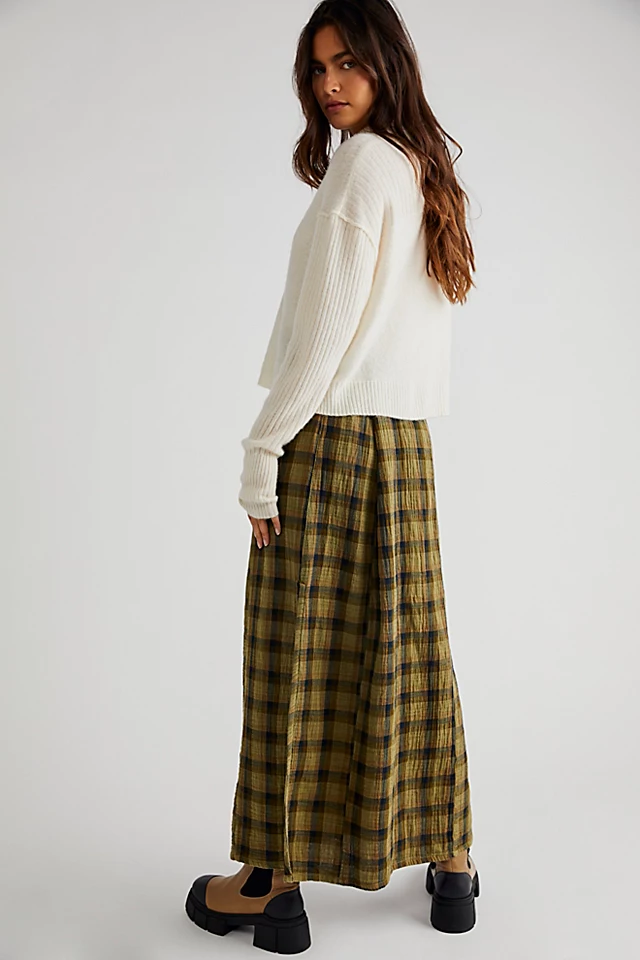 Plaid Mixed Midi Skirt Green Combo
