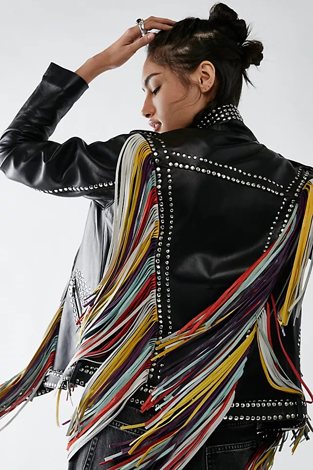 Geovana Leather Fringe Jacket Black