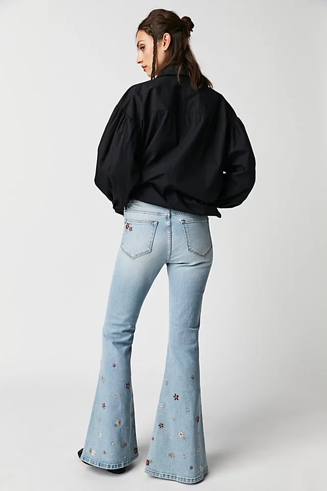 Driftwood Farrah Embroidered Slit Flare Jeans Tweedle Dum