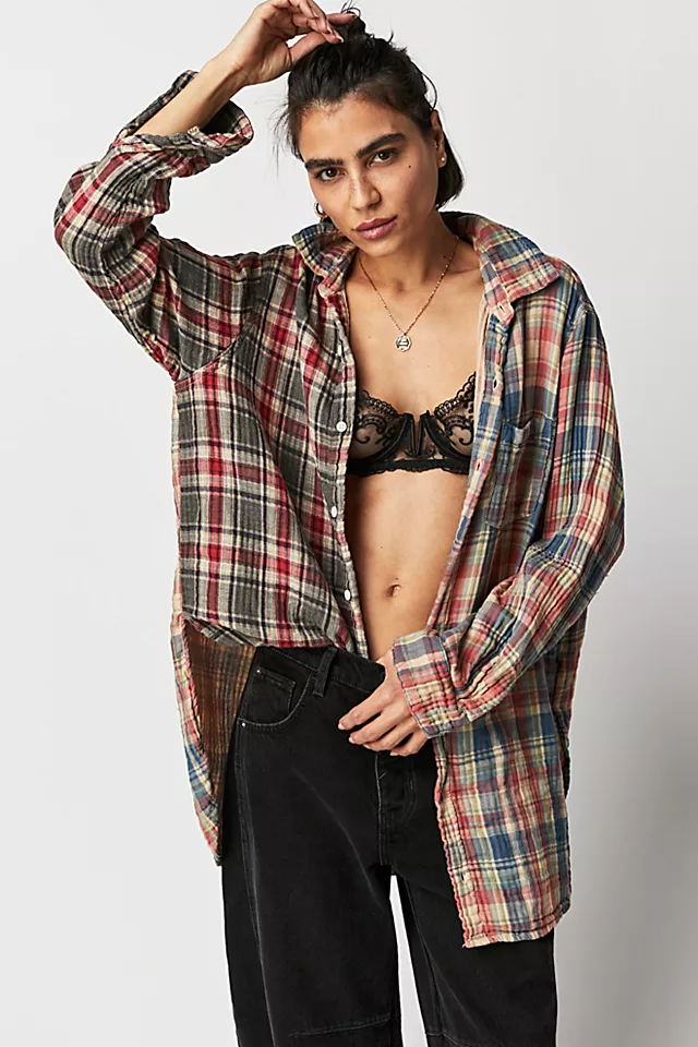 CP Shades Mixed Plaid Double Cloth Top Almond