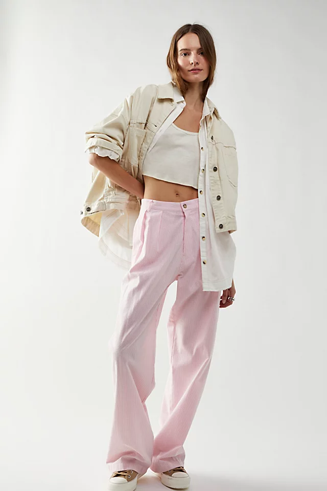 Denimist Double Pleat Wide-Leg Pants Pink Seersucker Stripe