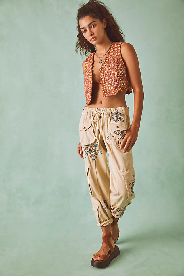 Tahiti Embroidered Cargo Pants Tea