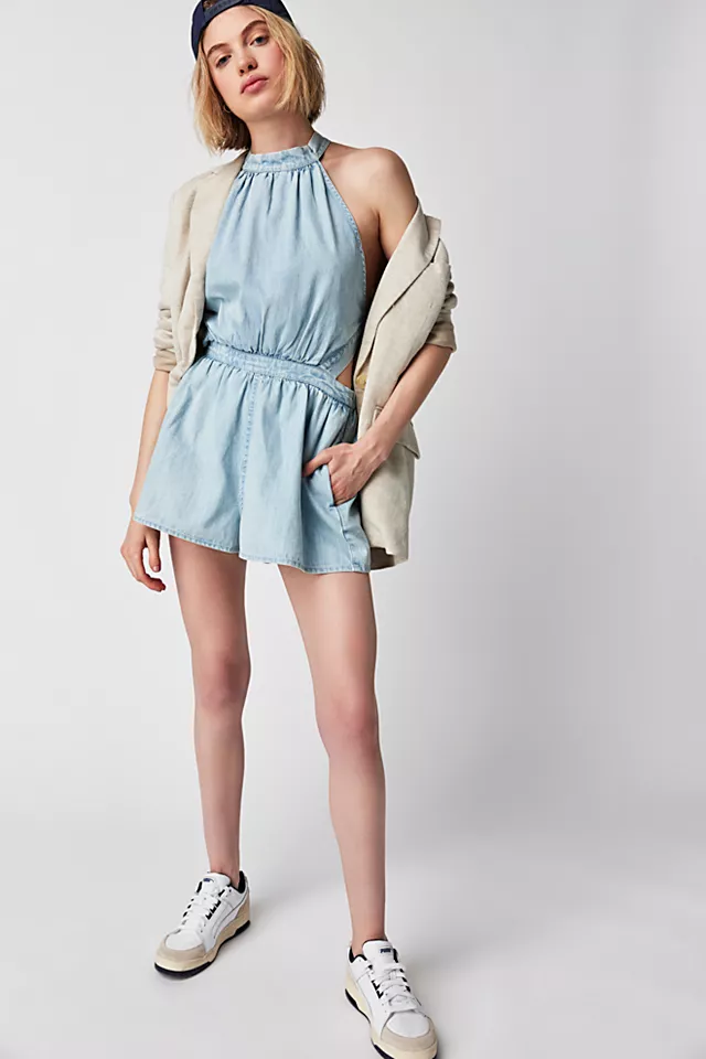 Coral Tides Denim Romper Light Indigo