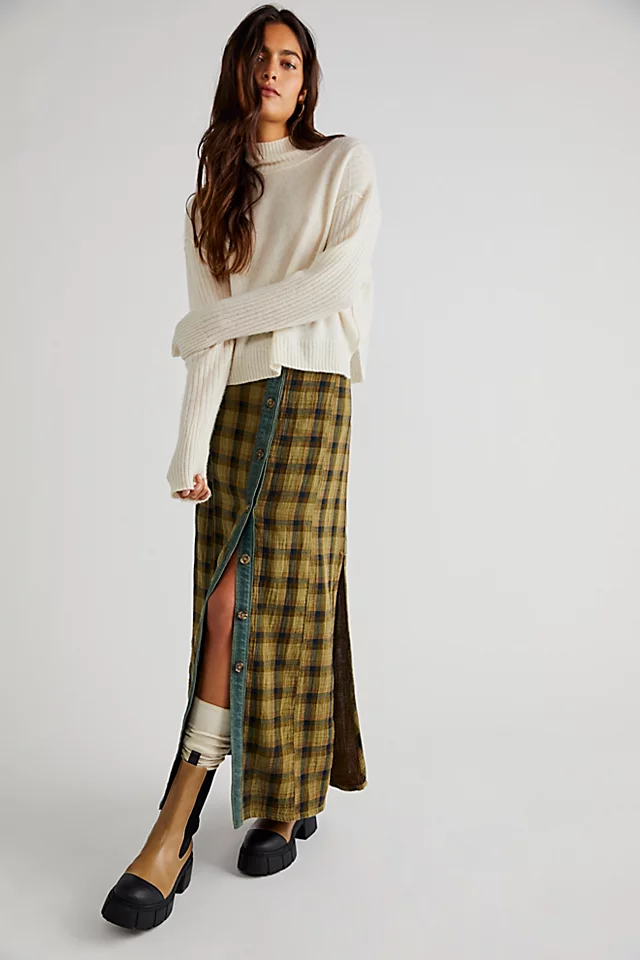 Plaid Mixed Midi Skirt Green Combo