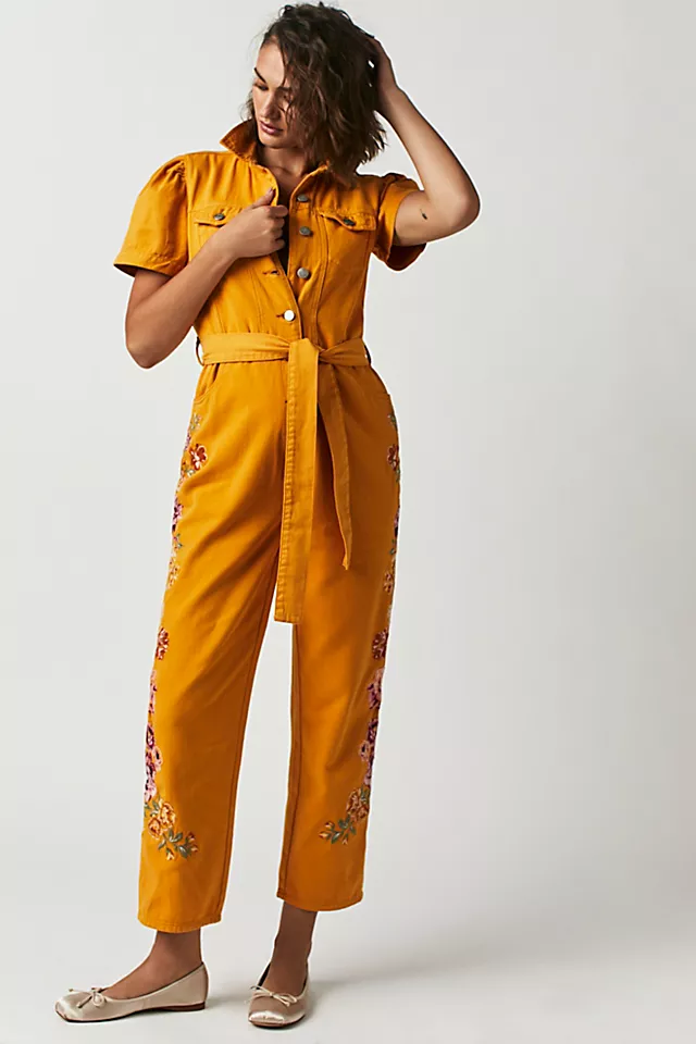 Driftwood Puff Sleeve Embroidered Jumpsuit Portofino