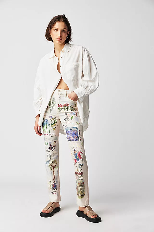 MOTHER Printed High-Waisted Rider Jeans Moto Rabbit