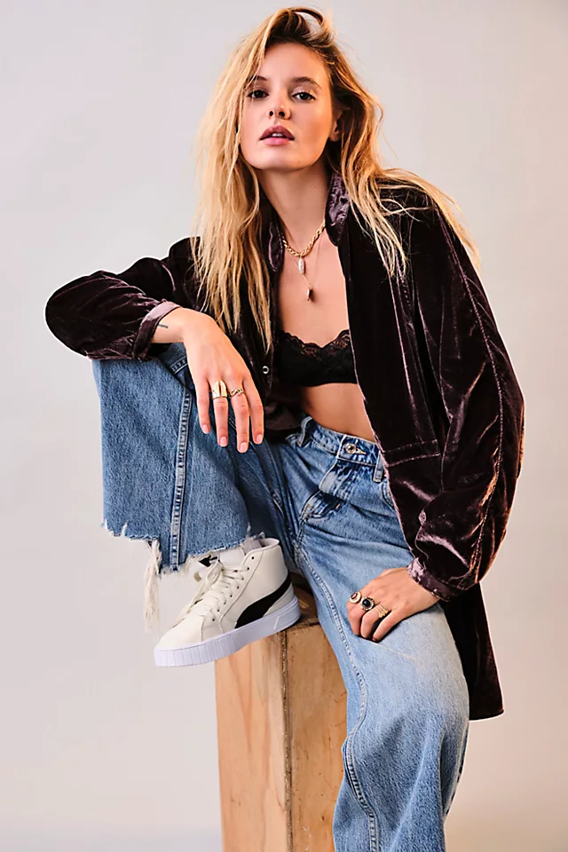 We The Free Summer Daydream Velvet Buttondown Black Raisin