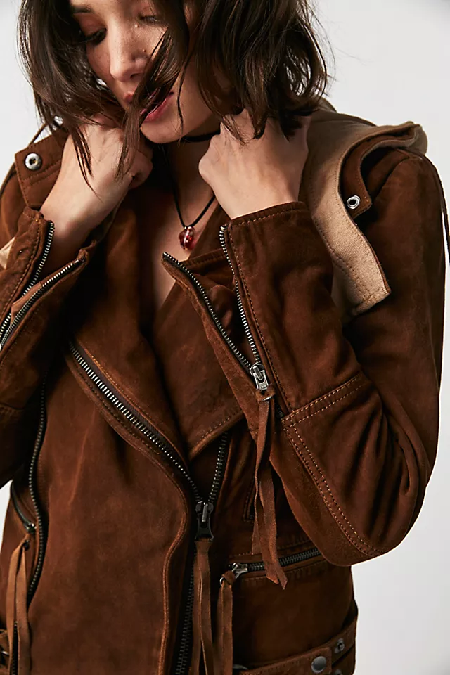 Coco Suede Hooded Moto Jacket Whiskey