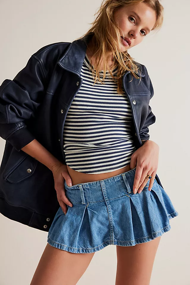 Pleated Micro Mini Denim Skort Ocean Blue